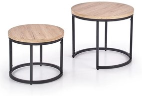 Σετ τραπεζιών περιοδικών Houston 951, San remo δρυς, Μαύρο, 45cm, Ινοσανίδες μέσης πυκνότητας, Φυσικό ξύλο καπλαμά, Στρόγγυλος