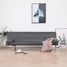 Καναπές - Κρεβάτι με 2 Μαξιλάρια Γκρι από Συνθετικό Δέρμα - Γκρι