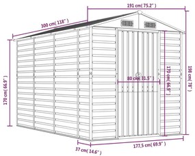 Αποθήκη Κήπου Ανοιχτό Γκρι 191x300x198 εκ. Γαλβανισμένο Ατσάλι - Γκρι