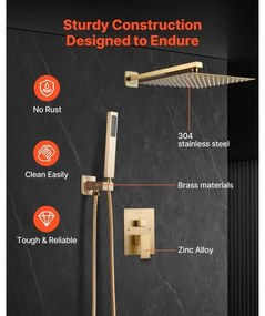 VEVOR Shower Faucet Set 10&quot; Square Rain Shower Head and Hand Set Brushed Gold