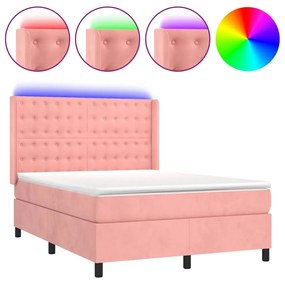 vidaXL Κρεβάτι Boxspring με Στρώμα &amp; LED Ροζ 140x200 εκ. Βελούδινο