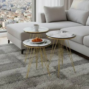 Τραπεζάκια σαλονιού Βοηθητικά Wakmi σετ 3 τεμ. σε λευκό μπεζ μάρμαρο μελαμίνη - χρυσό μέταλλο 33x33x55 εκ.