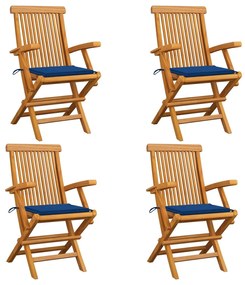 vidaXL Καρέκλες Κήπου 4 τεμ. Μασίφ Ξύλο Teak με Μπλε Ρουά Μαξιλάρια