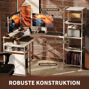 HOMCOM Γραφείο σε σχήμα L με σταθμό φόρτισης, γωνιακό γραφείο υπολογιστή με βάση οθόνης και ράφια, για οικιακό γραφείο, γραφείο, Λευκό