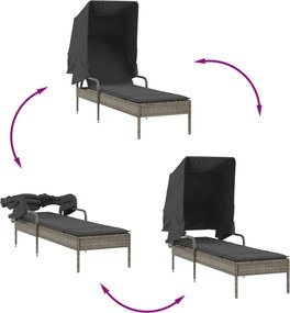 vidaXL Ξαπλώστρες 2 Τεμ. Γκρι Συνθ. Ρατάν με Σκίαστρα και Τραπεζάκια