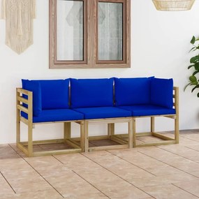 Καναπές Κήπου Τριθέσιος με Μπλε Μαξιλάρια - Μπλε