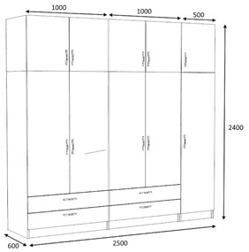 Ντουλάπα ρούχων Victoria Megapap πεντάφυλλη με πατάρι και συρτάρια χρώμα φυσικό οξιάς 250x60x240εκ.