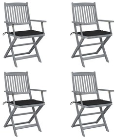 3064516 vidaXL Καρέκλες Εξωτ. Χώρου Πτυσ. 4 τεμ Μασίφ Ξύλο Ακακίας &amp; Μαξιλάρια Μαύρο, 1 Τεμάχιο