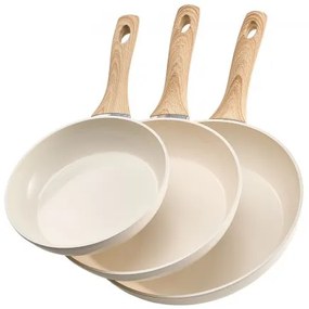 VEVOR 3 Pcs Frying Pan Aluminum Skillet Set 200 240 280 mm Handle Seasoned Beige