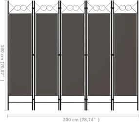 vidaXL Διαχωριστικό Δωματίου με 5 Πάνελ Ανθρακί 200 x 180 εκ.