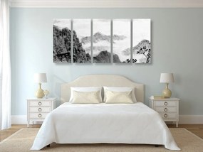 Εικόνα 5 μερών παραδοσιακή κινέζικη ζωγραφική τοπίων σε ασπρόμαυρο - 200x100