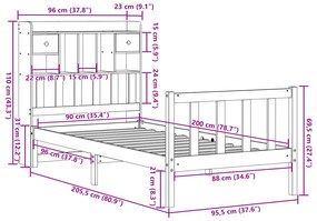 Κρεβάτι Βιβλιοθήκη Χωρίς Στρώμα 90x200 εκ Μασίφ Ξύλο Πεύκου - Καφέ
