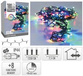 180 Φωτάκια LED - 13.5 Μέτρα + 3 Μέτρα σύνδεσης, Κανονική Διάταξη, με χειριστήριο, 8 προγράμματα, Πράσινο καλώδιο PVC - Πολύχρωμο