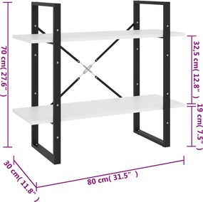 vidaXL Βιβλιοθήκη με 2 Ράφια Λευκή 80 x 30 x 70 εκ. από Επεξ. Ξύλο