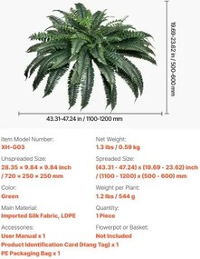 VEVOR Artificial Boston Fern Large Plastic Fern 88 Branches Indoor Outdoor Decor