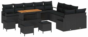 vidaXL Σετ Κήπου 14 Τεμαχίων με Μαξιλάρια, Μαύρο Πολυ Ράτταν, Ακακία.