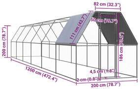 vidaXL Κοτέτσι - Κλουβί Εξωτ. Χώρου 2x12x2 μ. από Γαλβανισμένο Χάλυβα