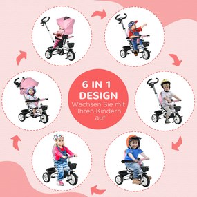 HOMCOM 6-in-1 παιδικό τρίκυκλο με ράβδο ώθησης, κουκούλα, ζώνη, καλάθι αποθήκευσης, 18+ μηνών, Ροζ