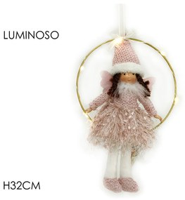 Στολίδι Κρεμαστό Στεφάνι Με Άγγελο Ροζ/Χρυσό Μέταλλο/Λούτρινο 32cm