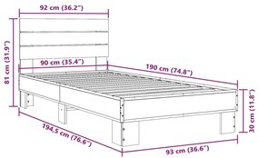 Πλαίσιο Κρεβατιού Καπνιστή Δρυς 90 x 190εκ. Επεξ.Ξύλο &amp; Μέταλλο - Καφέ