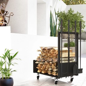 Outsunny Βάση για Ξύλα Τζακιού με Ρόδες, Πολλά Αξεσουάρ, Μεταλλικό Πλαίσιο, έως 60 kg, 48 x 30 x 76 cm, Μαύρο