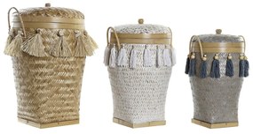 Σετ Διακοσμητικών Κουτιών DKD Home Decor Λευκό Γκρι Φυσικό Bamboo Κρόσσια Boho (3 Τεμάχια)