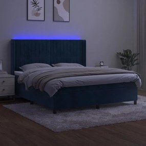 vidaXL Κρεβάτι Boxspring με Στρώμα &amp; LED Σκ. Μπλε 180x200εκ. Βελούδινο