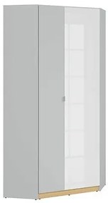 Γωνιακή ντουλάπα Boston BM113, Δρυς, Γυαλιστερό λευκό, Ανοιχτό γκρι, 200.5x93x93cm, Πόρτες ντουλάπας: Με μεντεσέδες