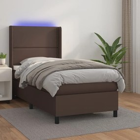 Κρεβάτι Boxspring με Στρώμα &amp; LED Καφέ 90x200 εκ. Συνθ. Δέρμα - Καφέ
