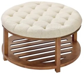 VEVOE Large Round Ottoman Coffee Table, 81 cm Tufted Coffee Table with Solid Wood Shelf Storage, Linen Solid Upholstered Footrest Ottoman for Bedroom Living Room, 350 LBS, Linen Color