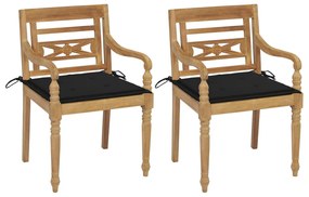 Καρέκλες Batavia 2 τεμ. από Μασίφ Ξύλο Teak με Μαύρα Μαξιλάρια