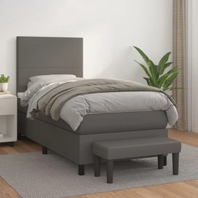 Κρεβάτι Boxspring με Στρώμα Γκρι 90x190 εκ. από Συνθετικό Δέρμα