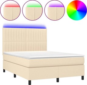vidaXL Κρεβάτι Boxspring με Στρώμα &amp; LED Κρεμ 140x190 εκ. Υφασμάτινο