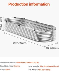 VEVOR Metal Raised Garden Bed 4x2x1 ft Outdoor Galvanized Planter Box Silver