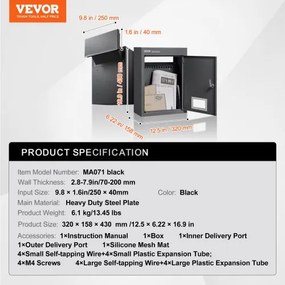 VEVOR Through The Wall Drop Box 12.5x6.3x16.9" Mailbox with Code Lock Black