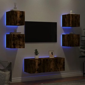 vidaXL Έπιπλα Τοίχου Τηλεόρασης 6 τεμ LED Καπνιστή Δρυς από Επεξ. Ξύλο