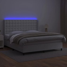 vidaXL Κρεβάτι Boxspring με Στρώμα &amp; LED Λευκό 160x200 εκ. Συνθ. Δέρμα