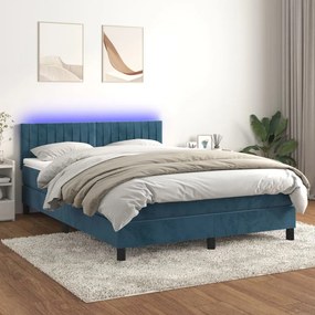 vidaXL Κρεβάτι Boxspring με Στρώμα & LED Σκ. Μπλε 140x200εκ. Βελούδινο