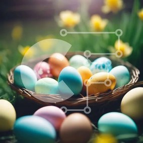 Intra Συλλεκτικό Ξύλινο Παζλ Plywood 4mm - Πολύχρωμα Πασχαλινά αυγά στο γρασίδι με τους νάρκισσους Σε Ξύλινο Κουτί - Διαστάσεις: 10x10 cm – 25 κομμάτια