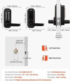 VEVOR Mechanical Keyless Entry Door Lock, 2.0 Code Upgrade, 4-7 Digits Code, Single-Sided Push Button Combination Keypad Door Lock with Handle, Auto Locking, for Indoor or Outdoor, Oil-Rubbed Bronze