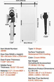 VEVOR Sliding Barn Door with Hardware Kit 914 x 2134mm MDF Panel PVC Surface