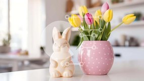 Intra Συλλεκτικό Ξύλινο Παζλ Plywood 4mm - Ροζ κουνελάκι με βάζα τουλίπας και φυτά σε γλάστρες Σε Ξύλινο Κουτί - Διαστάσεις Puzzle: 10x10 cm – 25 κομμάτια