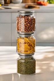 Σετ 3 τεμαχίων γυάλινων βάζων με μεταλλικό καπάκι και βαλβίδα κενού Διάφανο