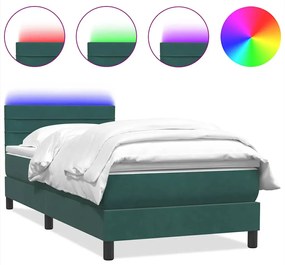 vidaXL Κρεβάτι Boxspring με Στρώμα &amp; LED σκούρο πράσινο 90x210εκ. Βελούδινο