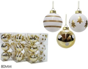 Χριστουγεννιάτικη Μπάλα Λευκό/Χρυσό 80mm Σετ 6Τμχ Σε 3 Σχέδια
