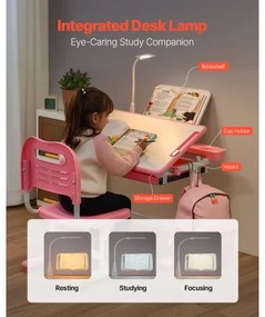 VEVOR Kids Chair and Desk Set Table Lamp Adjustable Height &amp; Tilted Desktop Pink