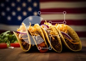 Intra Συλλεκτικό Ξύλινο Παζλ Plywood  4mm - Τρία Tacos σε ξύλινο τραπέζι με αμερικανική σημαία Σε Ξύλινο Κουτί - Διαστάσεις: 10x10 cm – 25 κομμάτια