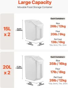 VEVOR 15Lx2 + 20Lx2 Ingredient Storage Container Airtight Kitchen Flour Bin