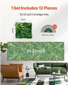 VEVOR Artificial Grass Wall Panels 12 PCS 20 x 20 inch 3D Greenery for Decor