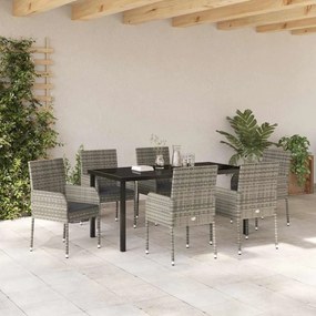 vidaXL Σέτ φαγητού για κήπο με μαξιλάρι 7 pcs Γκρι Πολυ ράταν